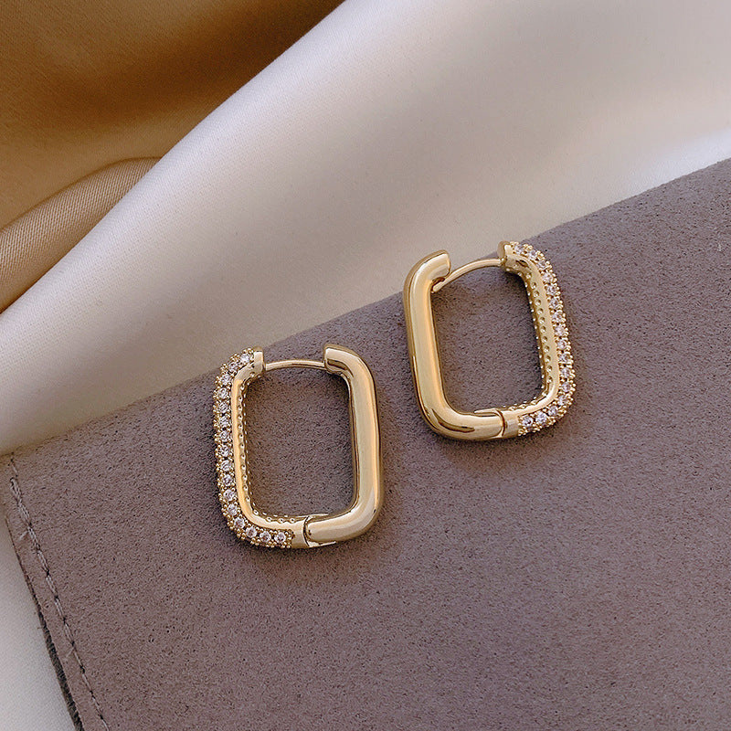 14k gold hoop women rectangular earring with stones