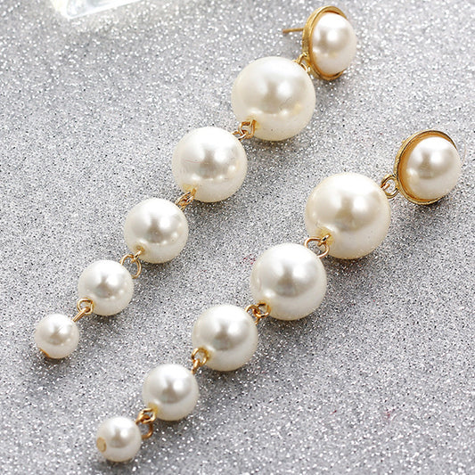 Women gold long tassel pearl earrings