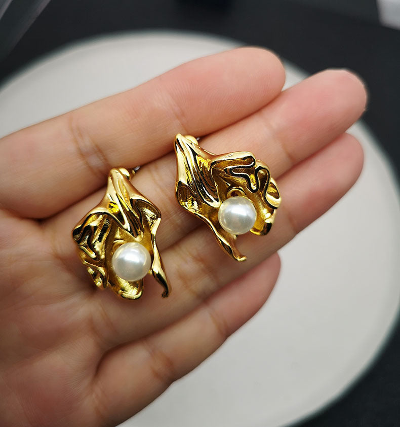 18K Gold Folds Pearl Flower Earrings™ - Jewelry Bay Store