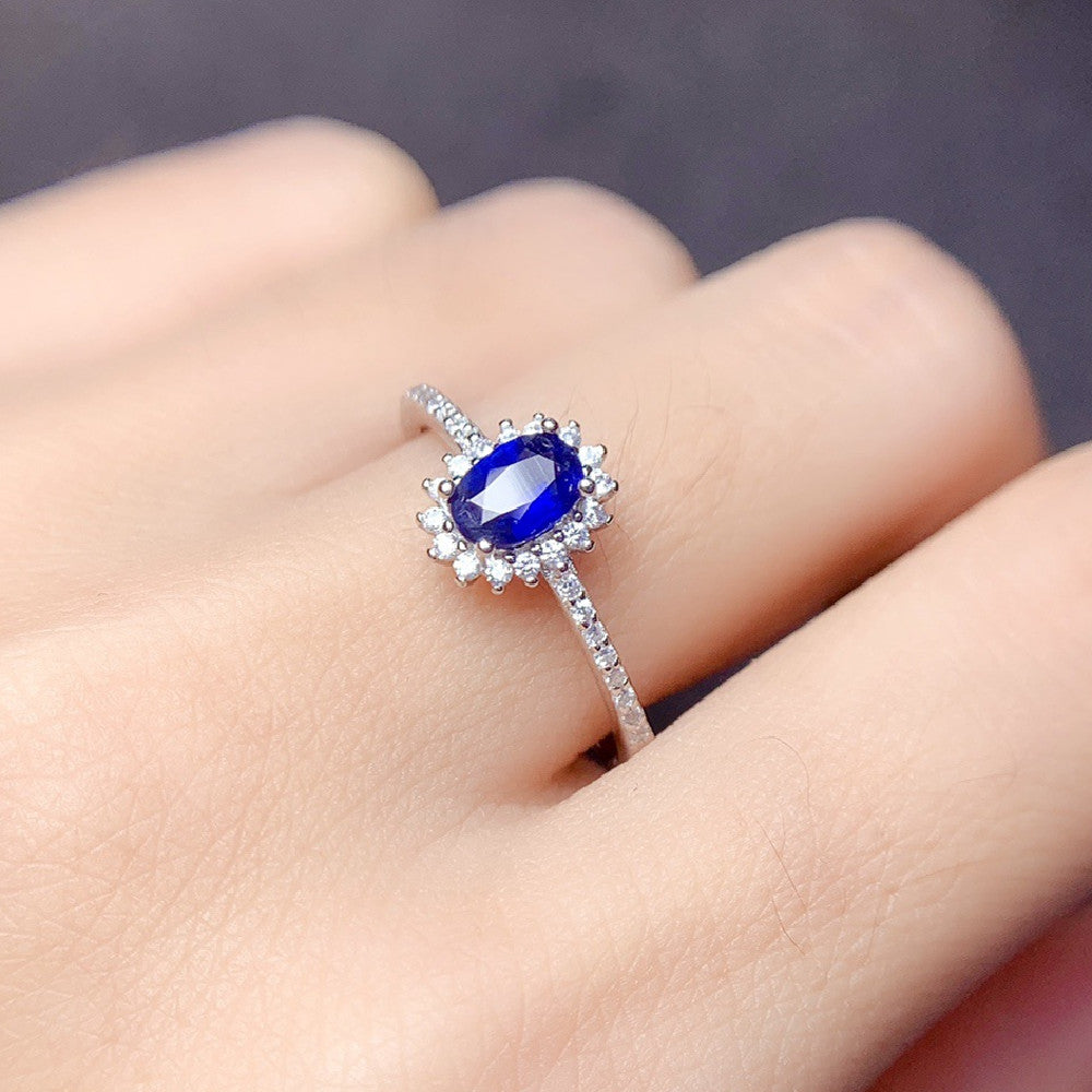Band silver blue sapphire ring for women