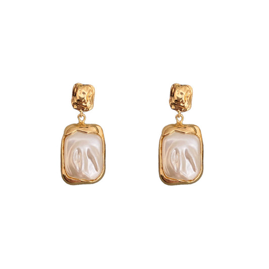 Pearl rectangle earrings gold drop 14k