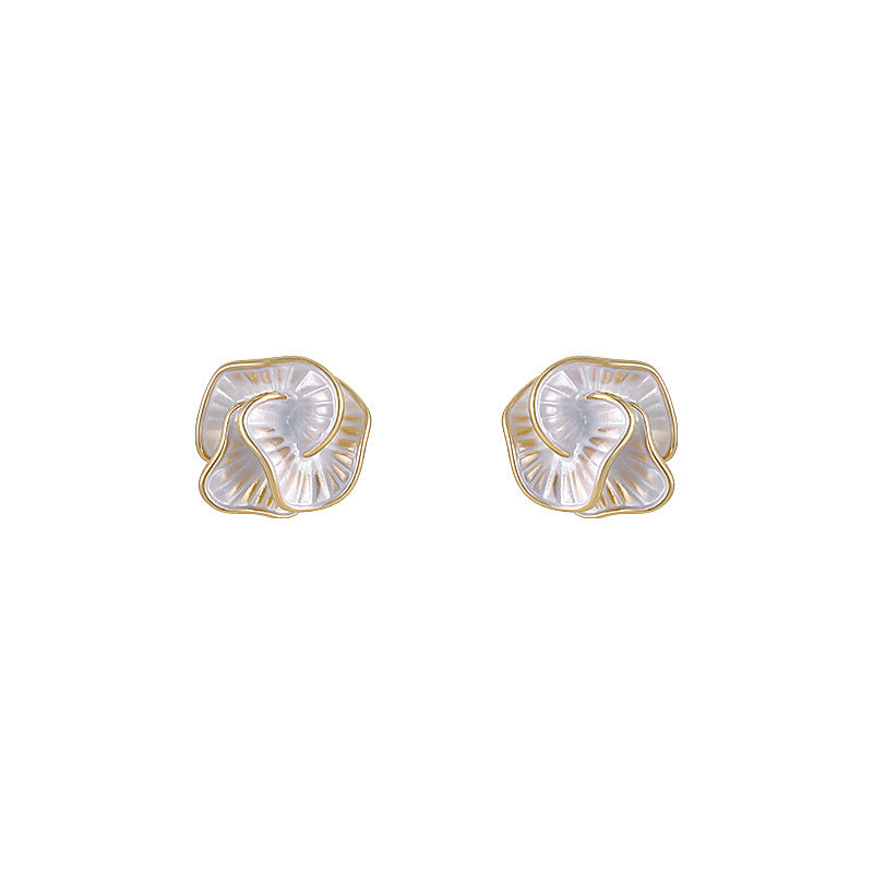 White camellia flower earrings gold 14k