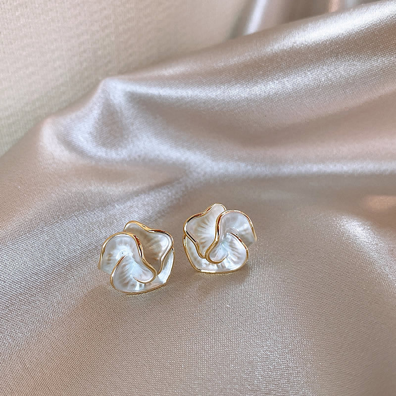 White stud camellia flower earrings gold