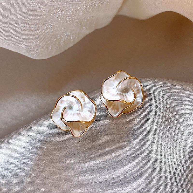 White stud camellia flower earrings gold 14k